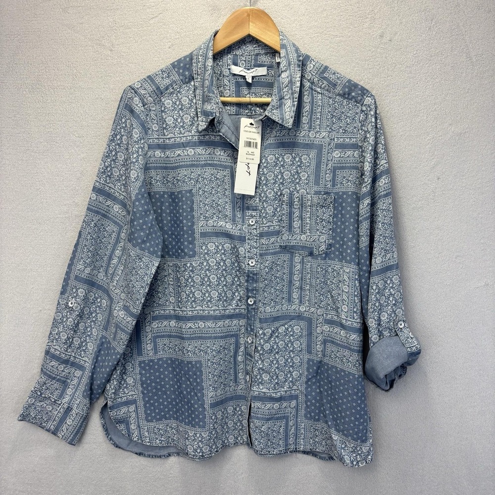 NWT Foxcroft Chambray Button-Up Shirt Blouse Womens 16 Blue Roll Tab Sleeve